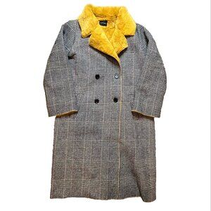Dolce Cabo Black Herringbone Plaid Dad Oversized Boyfriend Yellow Gold Fur Coat